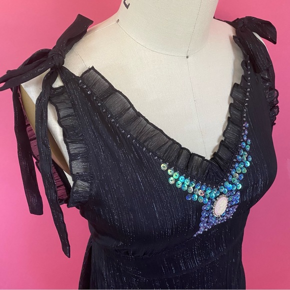 Vintage 90s/Y2K Vampire Coquette Ruffled Empire Waist Shimmery Tie Back Tank ~M - Picture 6 of 13